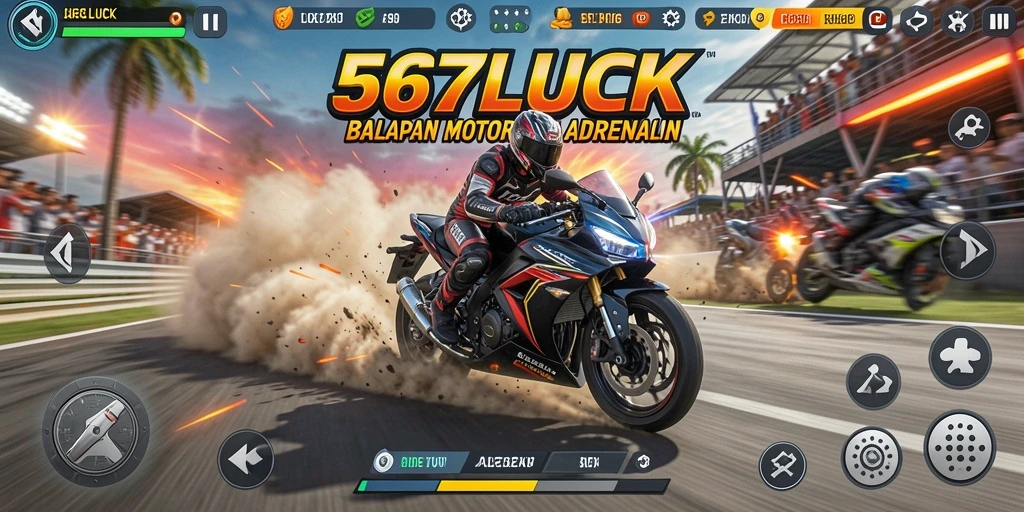 Tangkapan layar gameplay 567LUCK dengan aksi balapan motor yang mendebarkan.