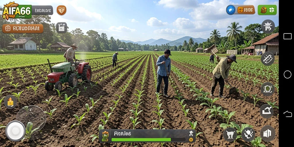 Screenshot gameplay AIFA66 menampilkan aktivitas bertani yang seru.