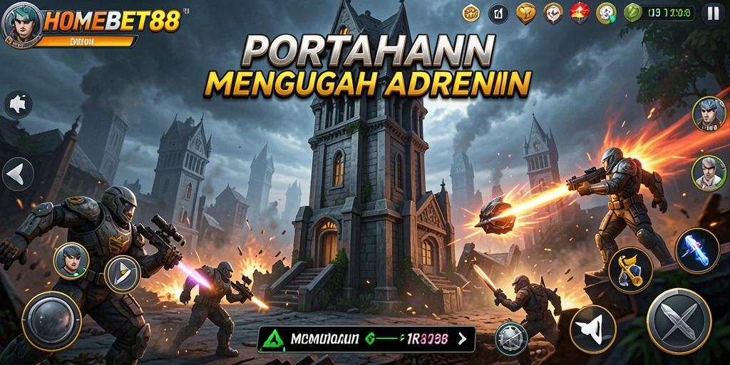 Screenshot gameplay HOMEBET88 menunjukkan menara beraksi melawan gelombang musuh.