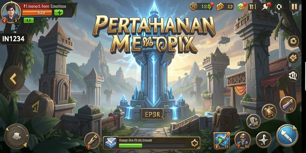 Tampilan gameplay IN1234 menampilkan pertahanan menara yang strategis.