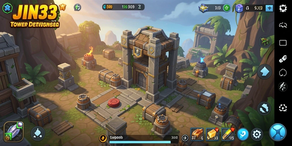Screenshot gameplay JIN33 menampilkan menara dan pasukan siap bertarung.