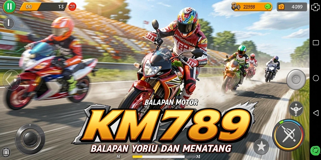 Screenshot menunjukkan aksi cepat dalam balapan motor yang mendebarkan.