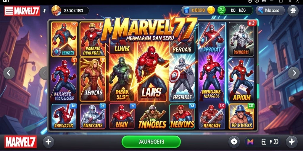 Tangkapan layar gameplay MARVEL77 yang menunjukkan taruhan dan gulungan yang berputar.