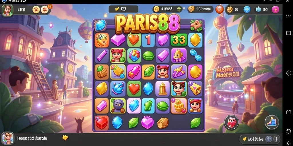 Menampilkan gameplay Match-3 yang seru dan penuh warna.
