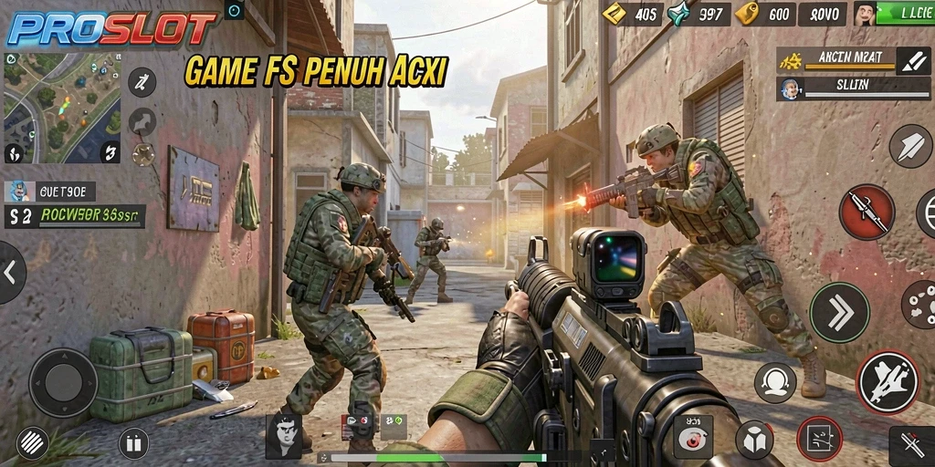 Tangkapan layar gameplay mendebarkan dari PROSLOT, menampilkan aksi FPS yang intens.