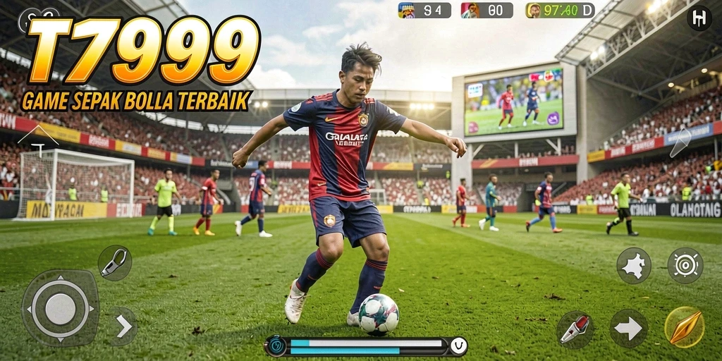 Tangkapan layar dari gameplay T9999 menunjukkan aksi mendebarkan di lapangan sepak bola.
