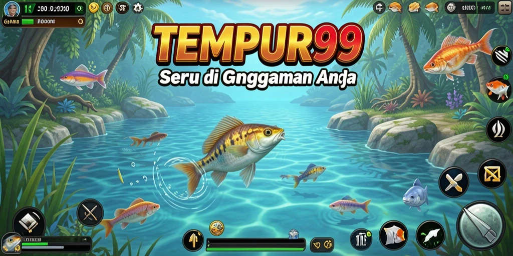 Screenshot gameplay TEMPUR99 menunjukkan aksi memancing yang mendebarkan.