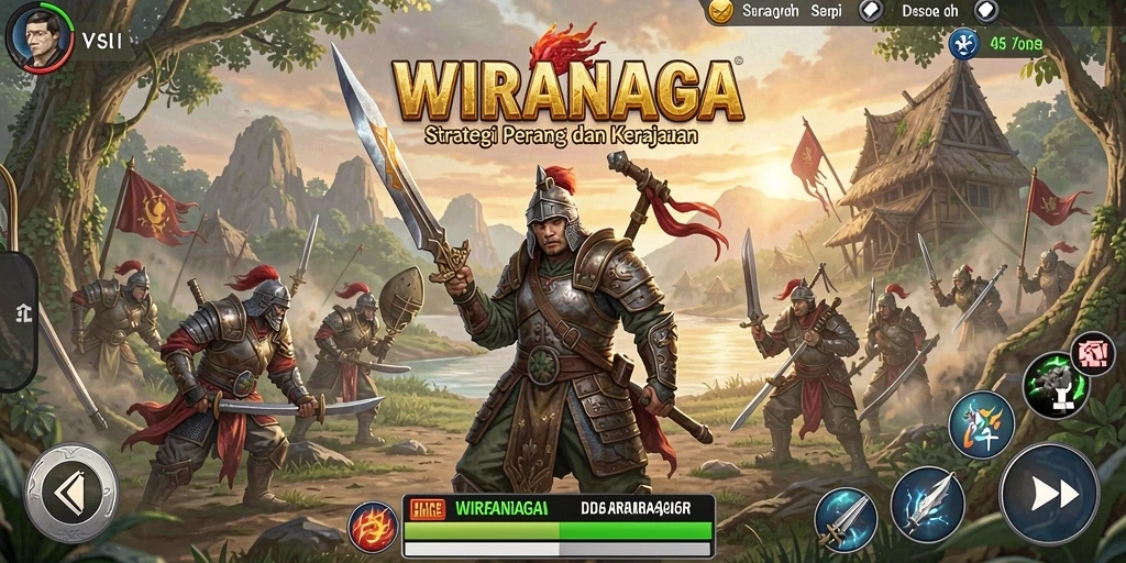 Tangkapan layar gameplay WIRANAGA menampilkan pertempuran strategis epik.