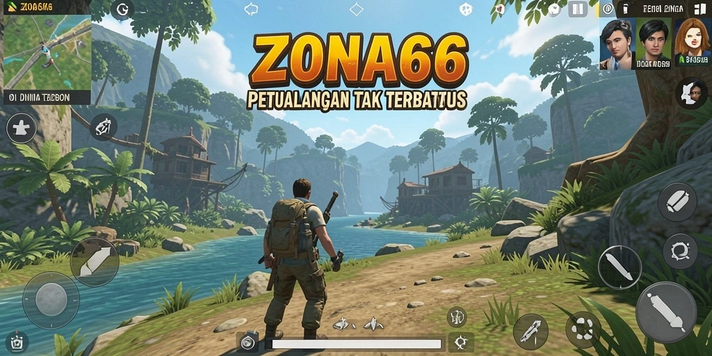 Tampilan utama ZONA66 yang menggambarkan petualangan dalam dunia terbuka.